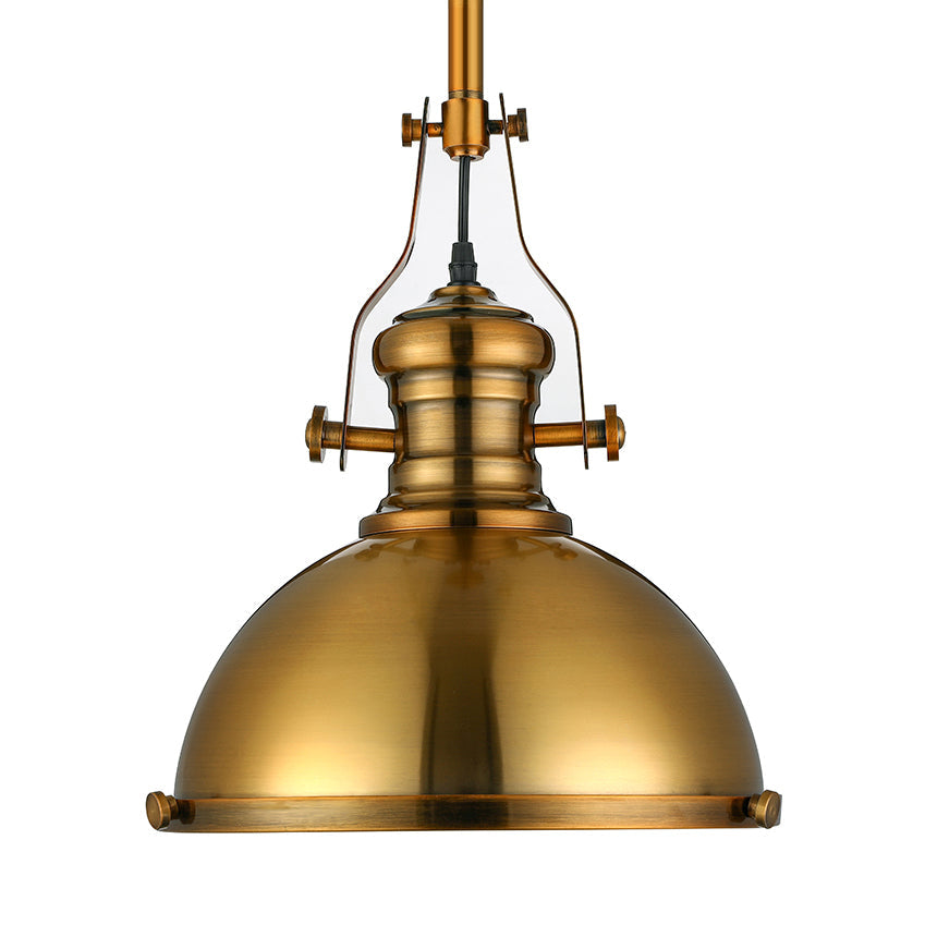 Antique Brass Pendant Light with Frosted Diffuser - Vintage Style Metal Dome Shade, 1-Light Hanging Lamp