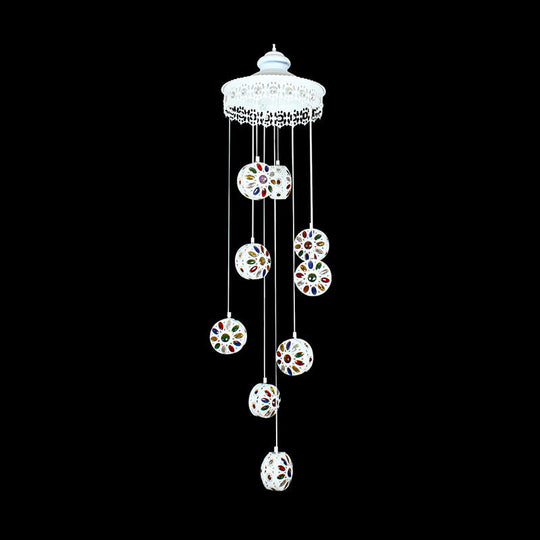 Metal White Cluster Pendant Light - Circular 9 Heads Traditional Ceiling Lamp For Living Room