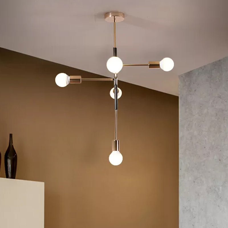 Rectilinear Metal Chandelier - Modern 5-Light White/Black Hanging Ceiling Light With Bare Bulb For