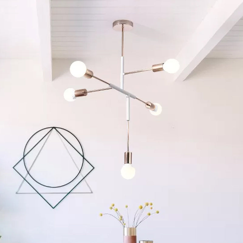 Lustre moderne en métal rectiligne à 5 lumières : plafonnier suspendu à ampoule nue blanc/noir pour salle à manger