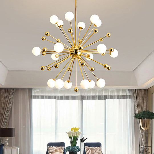 Gold Starburst Metal Chandelier Pendant Lamp With Multi Lights And White Glass Ball Shade -