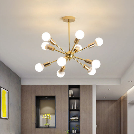 Modern Metal Starburst Chandelier Light - 6/10/12 Lights 26/38.5 Wide Gold Finish Bare Bulb Hanging