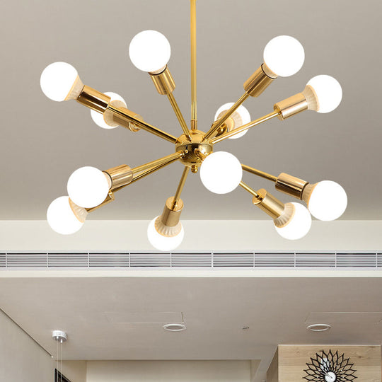 Modernist Metal Starburst Chandelier Light - 26"/38.5" Wide, Gold, 6/10/12 Lights - Hanging Ceiling Lamp with Bare Bulbs