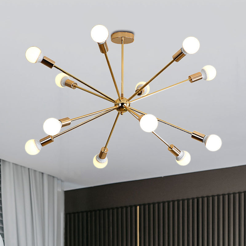 Modernist Metal Starburst Chandelier Light - 26"/38.5" Wide, Gold, 6/10/12 Lights - Hanging Ceiling Lamp with Bare Bulbs