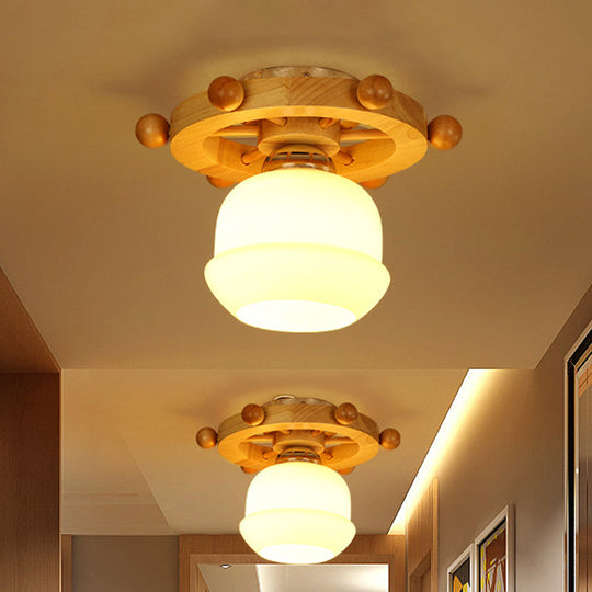 Nordic 1-Light White Glass Flushmount Ceiling Light with Wheel Backplate - Ideal for Bathrooms