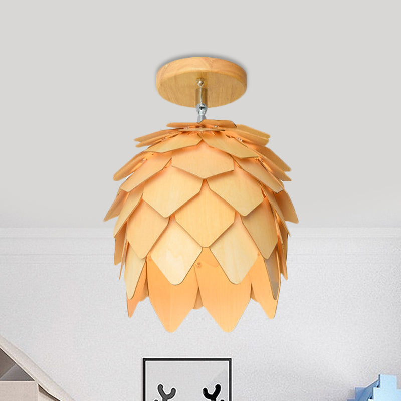 Plafonnier semi-encastré moderne en bois de forme carrée/trompette/ananas - Montage intérieur à 1 lampe