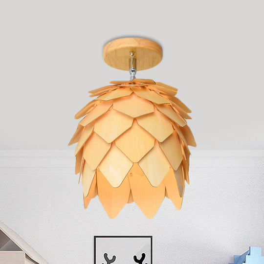Plafonnier semi-encastré moderne en bois de forme carrée/trompette/ananas - Montage intérieur à 1 lampe