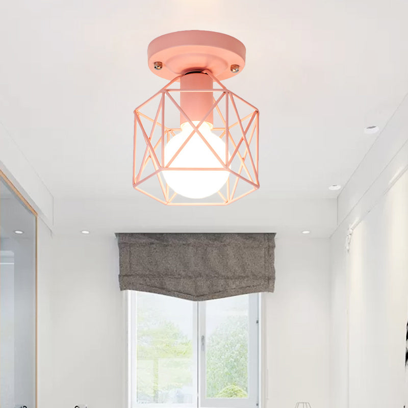 Minimalist Metal Frame Ceiling Mounted Light with White, Pink, and Green Accents - Ideal for Cloakroom