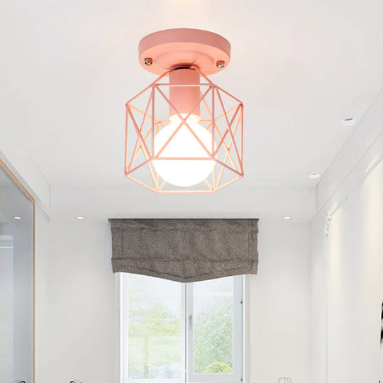 Minimalist Metal Frame Ceiling Mounted Light with White, Pink, and Green Accents - Ideal for Cloakroom