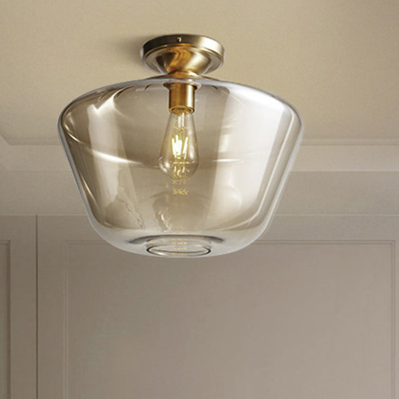 Contemporary Brass Flush Ceiling Fixture with Amber Glass Lampshade