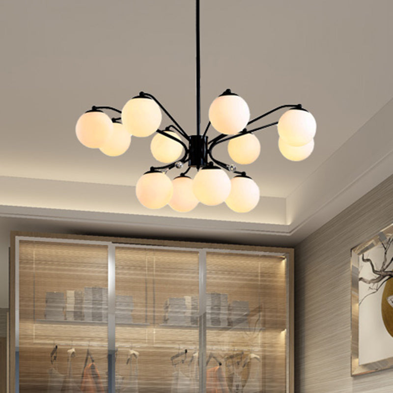 Black Curved Arm Chandelier With White Glass Ball Modern Hanging Ceiling Light (3/5/9 Lights)