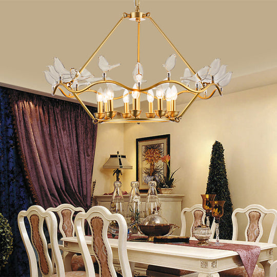 Modern Iron Candle Chandelier Ceiling Fixture in Gold with Clear Glass Birds - 6/9-Head for Living Room