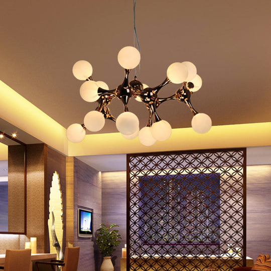 Contemporary Metal Chandelier with 9/15 Lights: Starburst Style, Rose Gold Finish, White Glass Bubble Shade