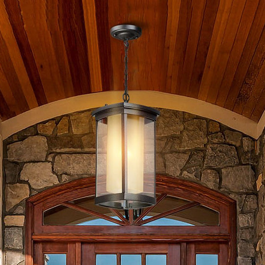 Black Outdoor Pendant Light with Double Glass Shade for Courtyard - 1 Light - Various Widths