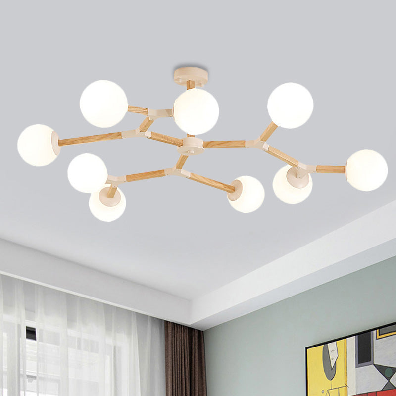 Contemporary Wood Branch Chandelier With White/Black/Gold Finish 3/6/9 Lights And White Glass Shade