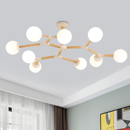 Contemporary Wood Branch Chandelier With White/Black/Gold Finish 3/6/9 Lights And White Glass Shade