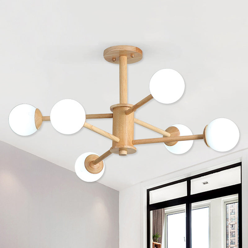 Contemporary Wooden Starburst Chandelier with Glass Ball Shade - Natural Wood Finish - 6/8/12 Lights