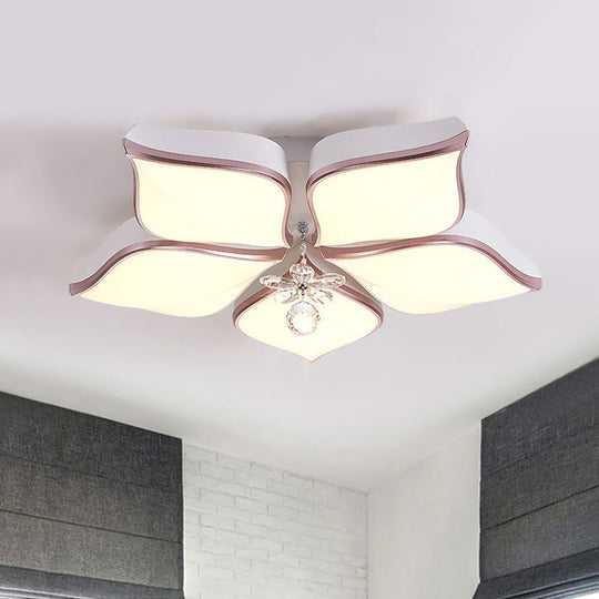 Contemporary Flower Ceiling Mounted Fixture: Acrylic Flush Ceiling Light in White with Crystal Drop for Living Room