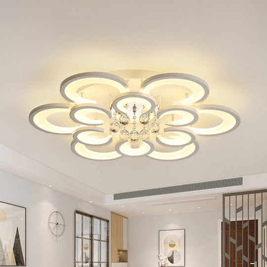 Contemporary Acrylic Flush Mount Ceiling Light with Crystal Drop - Multi-Layer Circular Design (10/12/16 Lights, White)
