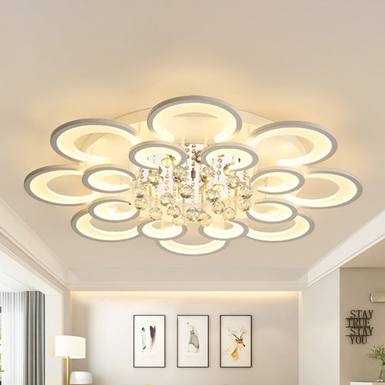 Contemporary Acrylic Flush Mount Ceiling Light with Crystal Drop - Multi-Layer Circular Design (10/12/16 Lights, White)
