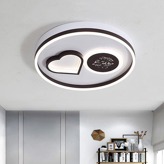 Modern Metal LED Round Flush Light in White/Brown for Living Room Ceiling - Warm/White Indoor Lighting