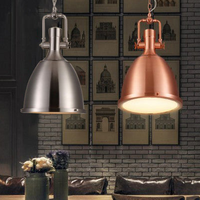 1-Light Industrial Pendant Lamp with Nickel/Copper Finish, Metal Dome Shade, Chain & Glass Diffuser