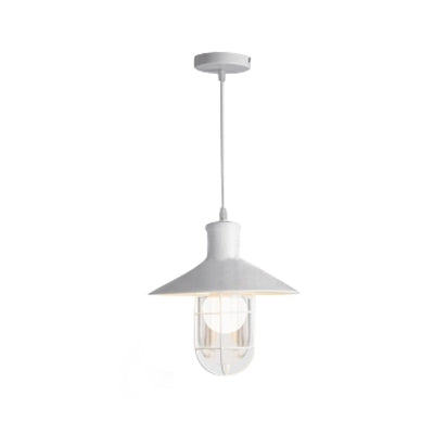 Nautical Style Cone Ceiling Light with Wire Guard - Rust/White Hanging Pendant