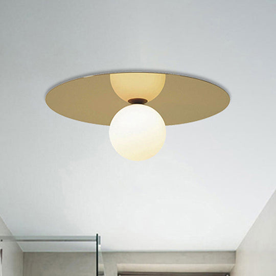 Contemporary 12" Flushmount Ceiling Lamp with Brass Finish, Milk Glass Shade & 1 Bulb