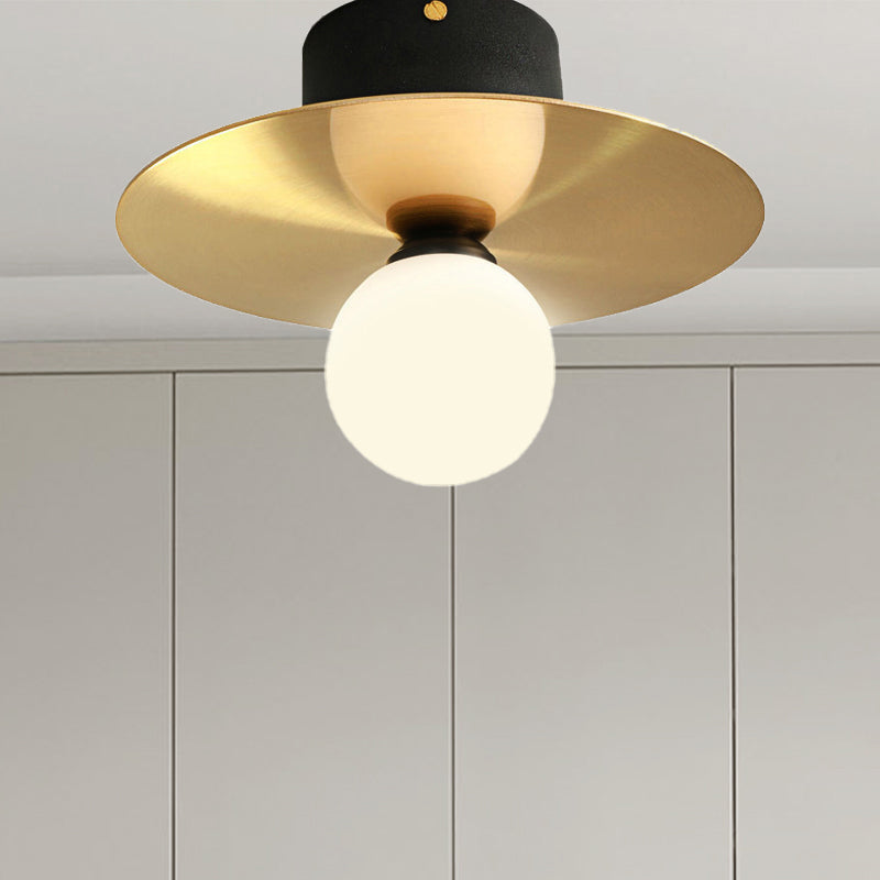 Modern Milk Glass Ceiling Light Fixture with Gold Disk - Contemporary 1-Bulb Lighting for Living Room