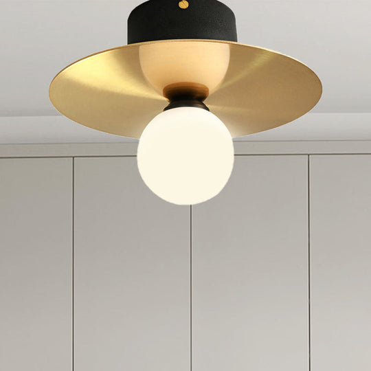 Modern Milk Glass Ceiling Light Fixture with Gold Disk - Contemporary 1-Bulb Lighting for Living Room