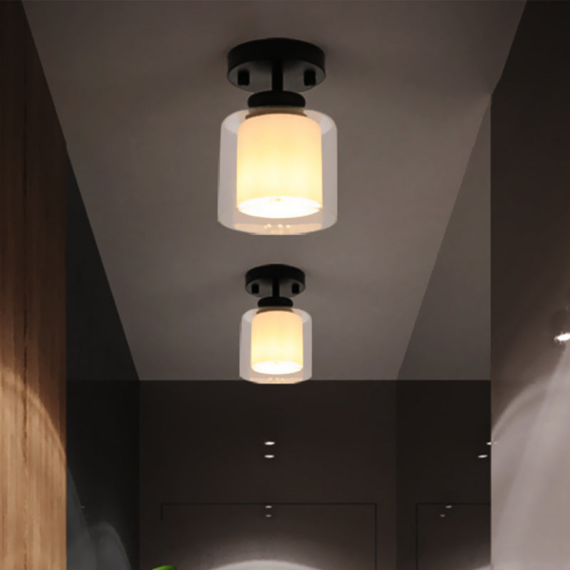 Contemporary Cylinder Semi Flush Ceiling Light with Glass Shade - Black/Silver/Gold Finish, 1 Bulb Fixture