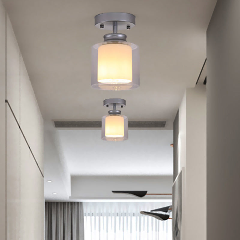 Contemporary Cylinder Semi Flush Ceiling Light with Glass Shade - Black/Silver/Gold Finish, 1 Bulb Fixture