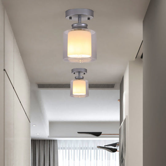 Contemporary Cylinder Semi Flush Ceiling Light with Glass Shade - Black/Silver/Gold Finish, 1 Bulb Fixture