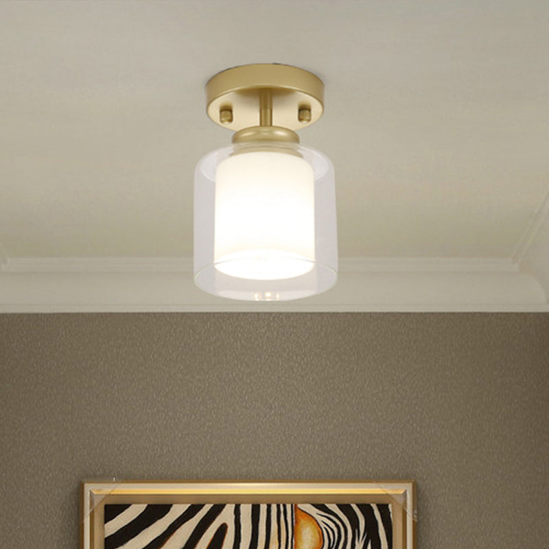 Contemporary Cylinder Semi Flush Ceiling Light with Glass Shade - Black/Silver/Gold Finish, 1 Bulb Fixture