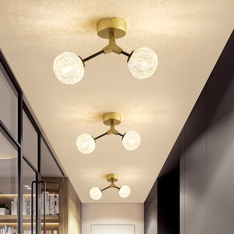 Gold Finish Handwoven Ball Semi Flush Light Fixture - Modern Ceiling Flush Mount