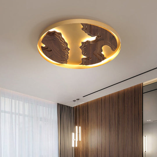 Contemporary Wood Gold/White Round Led Flush Mount Lamp For Living Room Ceiling - 16/19.5/23.5