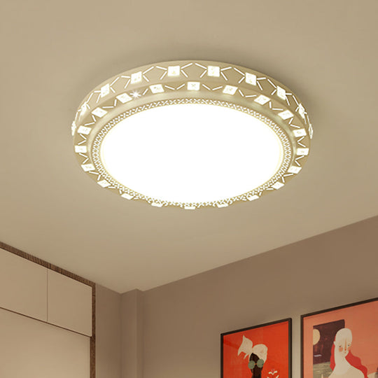 Modern White Drum Ceiling Flush Mount with Crystal Accent, LED Fixture - Perfect for Bedrooms - 16"/19.5" Wide