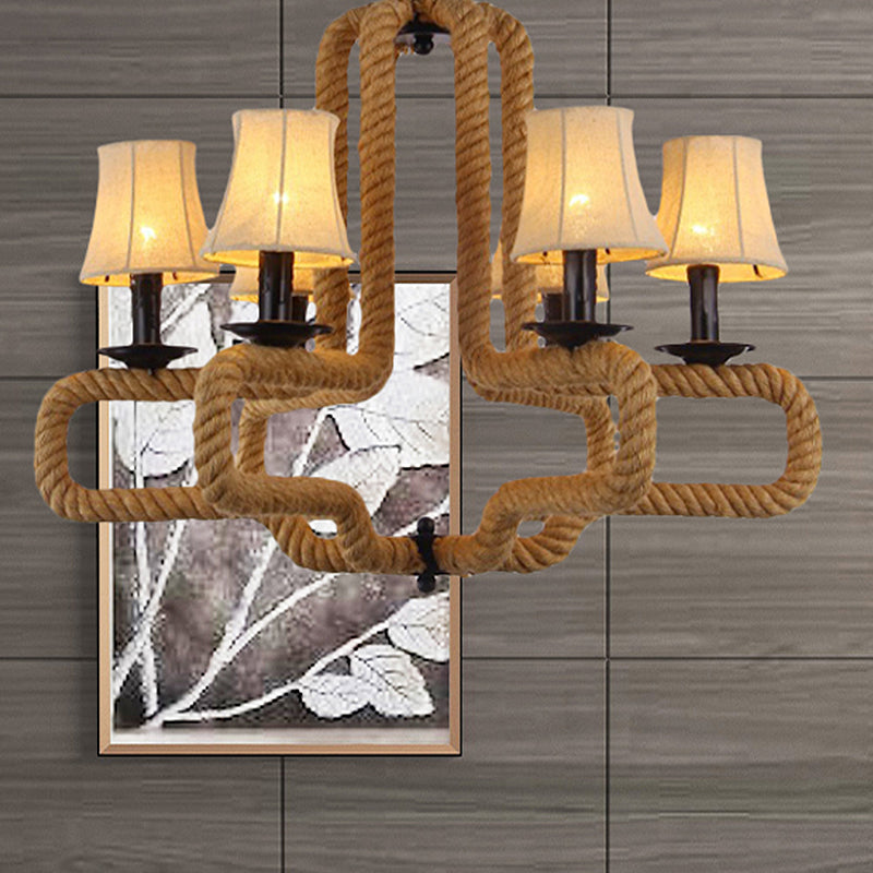 Hanging Chandelier Light with Bell Fabric Shades, Loft Style, 6 Heads, Brown, Rope Detail - Perfect for Restaurants