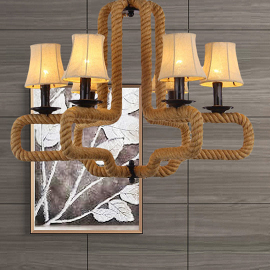 Lustre suspendu avec abat-jour en tissu cloche, style loft, 6 têtes, marron, détail corde - Parfait pour les restaurants
