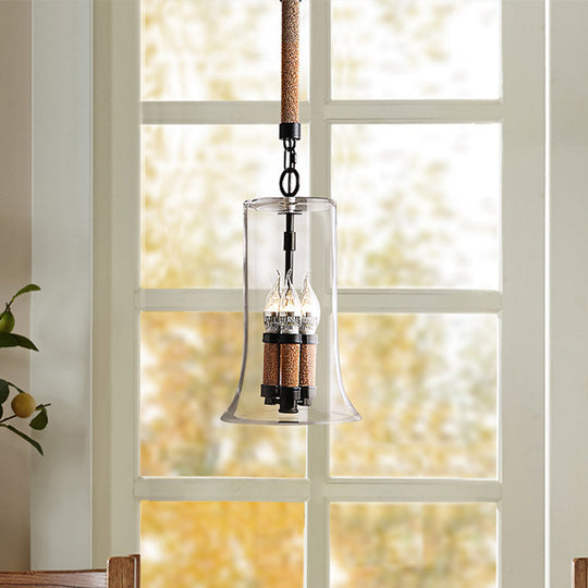 Black Round Glass Candle Chandeliers - 3-Light Industrial Lighting For Coffee Shop