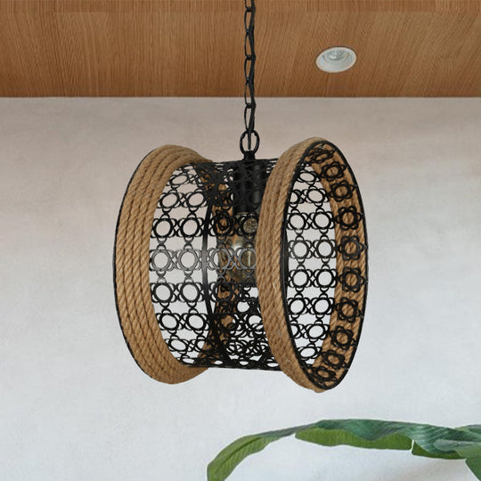 1-Light Lodge Indoor Pendant Lamp with Mesh Drum Metal Shade and Rope Detail in Black