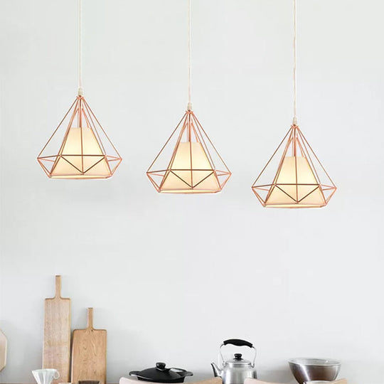 Rose Gold Wire Frame Pendant Lamp With Modern Style Design - 3 Bulbs Fabric And Metal Linear/Round
