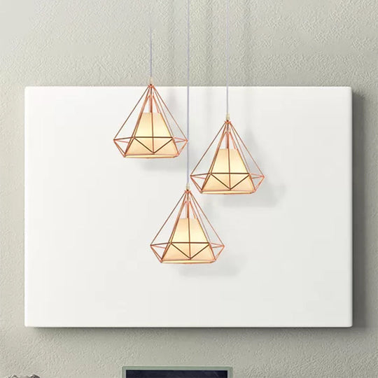 Modern Rose Gold Wire Frame Pendant Lamp with 3 Bulbs