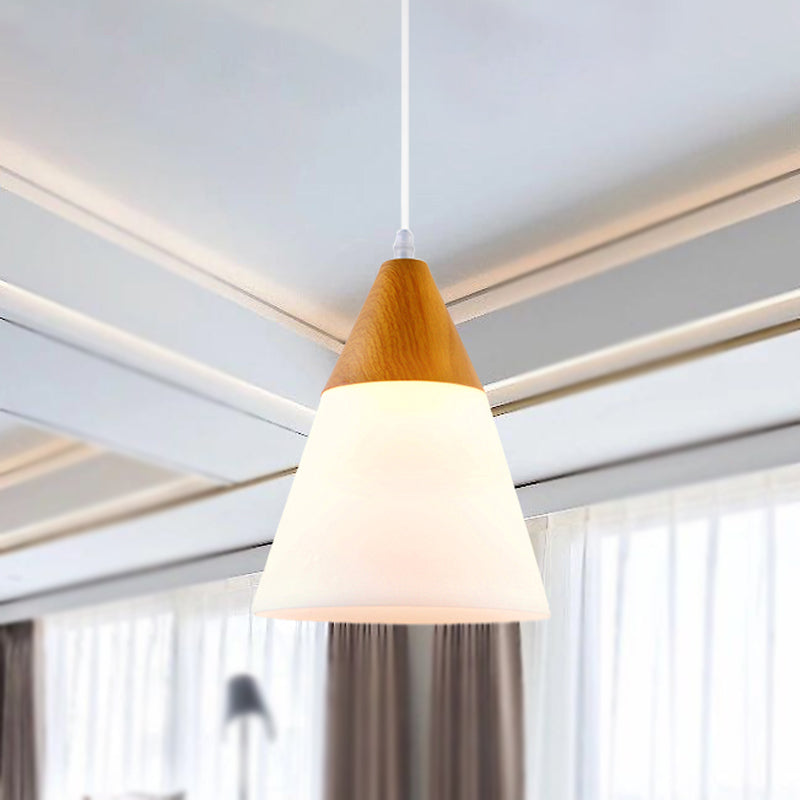 Natural Wood Cone Milk Glass Suspension Pendant Light - Modern 1-Light Fixture (5"/7.5"/10.5" Wide)