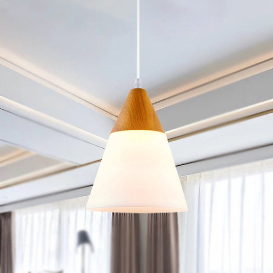 Natural Wood Cone Milk Glass Suspension Pendant Light - Modern 1-Light Fixture (5"/7.5"/10.5" Wide)
