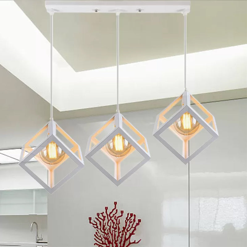 Metal Industrial Pendant Light with Wire Cage Shade - 3 Bulbs, Black/White, Living Room Ceiling Lamp