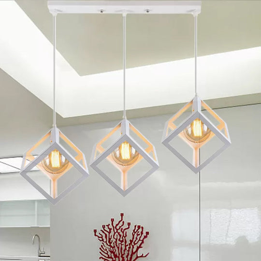 Metal Industrial Pendant Light with Wire Cage Shade - 3 Bulbs, Black/White, Living Room Ceiling Lamp