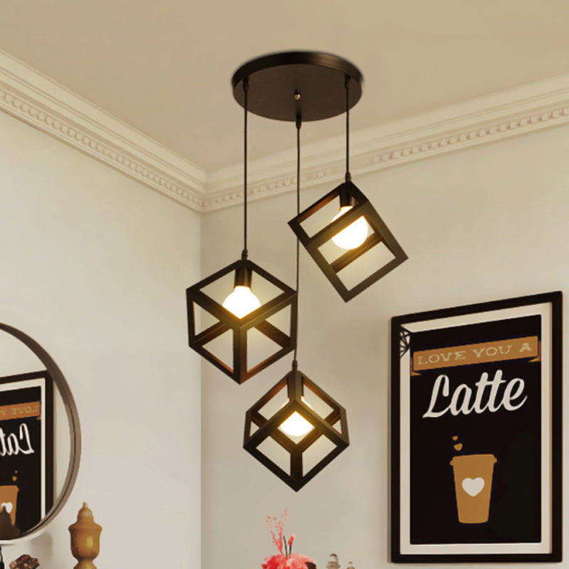 Industrial Metal Pendant Light With Wire Cage Shade - 3 Bulbs Black/White For Living Room Ceiling