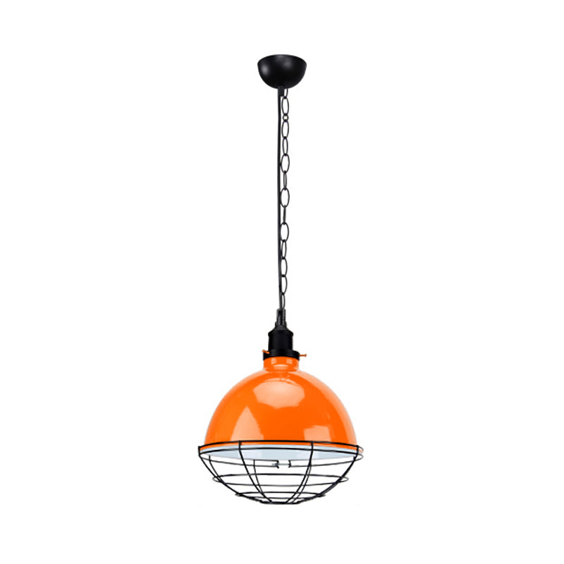 Retro Industrial Metal Pendant Light - Bowl Shade, 1 Bulb - Black/White/Red - Indoor Ceiling Light with Wire Guard and Chain