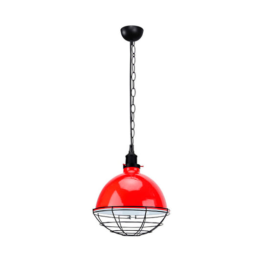 Retro Industrial Metal Pendant Light - Bowl Shade, 1 Bulb - Black/White/Red - Indoor Ceiling Light with Wire Guard and Chain